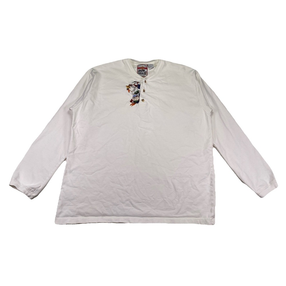 Vintage Looney Tunes Embroidered Henley T-Shirt Long Sleeve White
